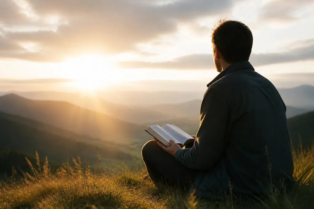 Man sitting on a hillside at sunset, reading a book with mountains in the distance.