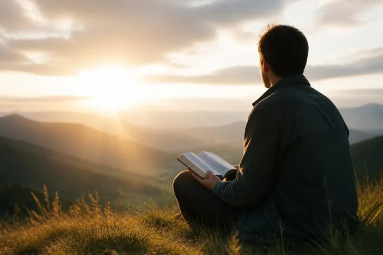 Man sitting on a hillside at sunset, reading a book with mountains in the distance.
