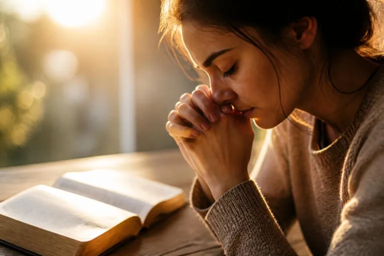 Palabras Cristianas El Poder del Lenguaje de Fe - Renuevo De Plenitud Woman in a sweater sits at a wooden table, hands clasped in prayer beside an open book in warm sunlight.