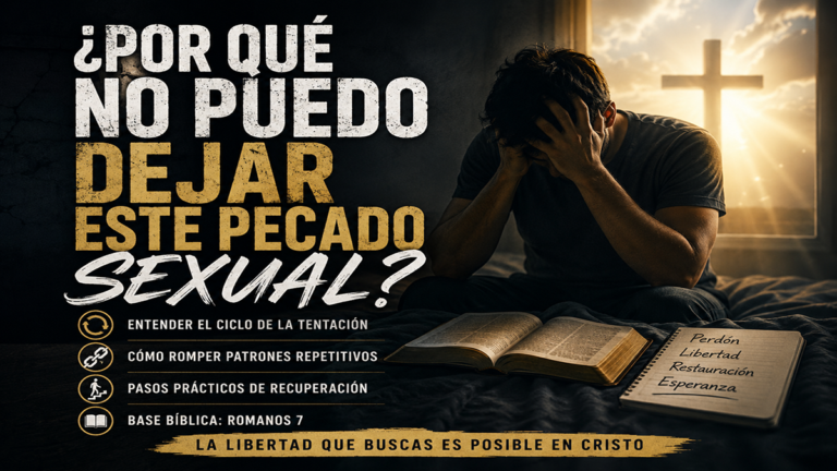 Man distressed on a bed with face in hands, an open Bible beside him, and a glowing cross in a window; Spanish poster about overcoming sexual sin.