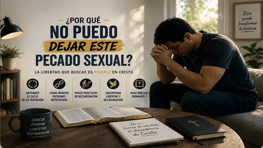 Hombre sentado en un sofá, orando con la frente apoyada en las manos; detrás, un cartel religioso en español sobre dejar el pecado sexual.