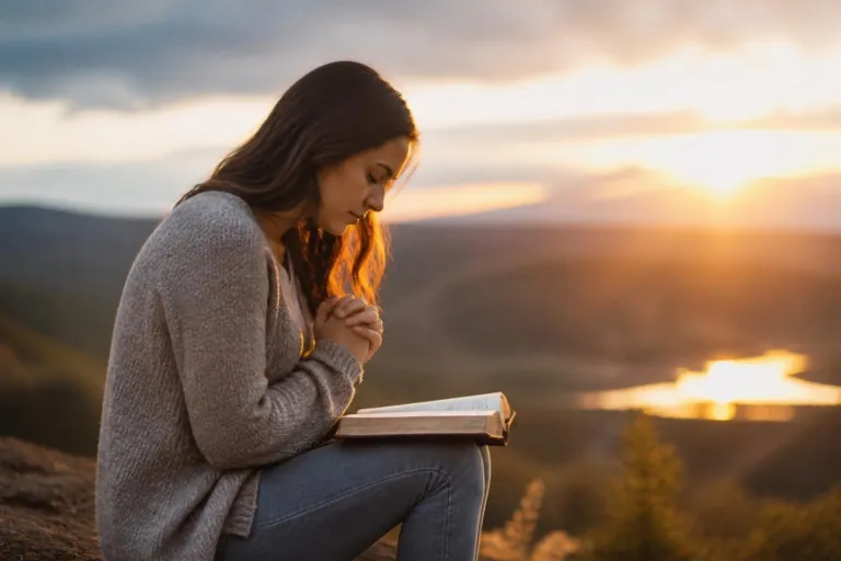 Prédica Cortas Cristianas Guía Completa y Poderosa - Renuevo De Plenitud Woman praying outdoors at sunset, hands clasped over an open book on her lap, hillside and warm light behind her.