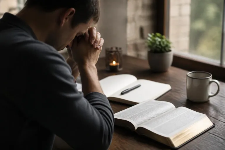Man sits at a wooden table with hands clasped in prayer or thought, open book and notebook beside a lit candle and mug by a window.