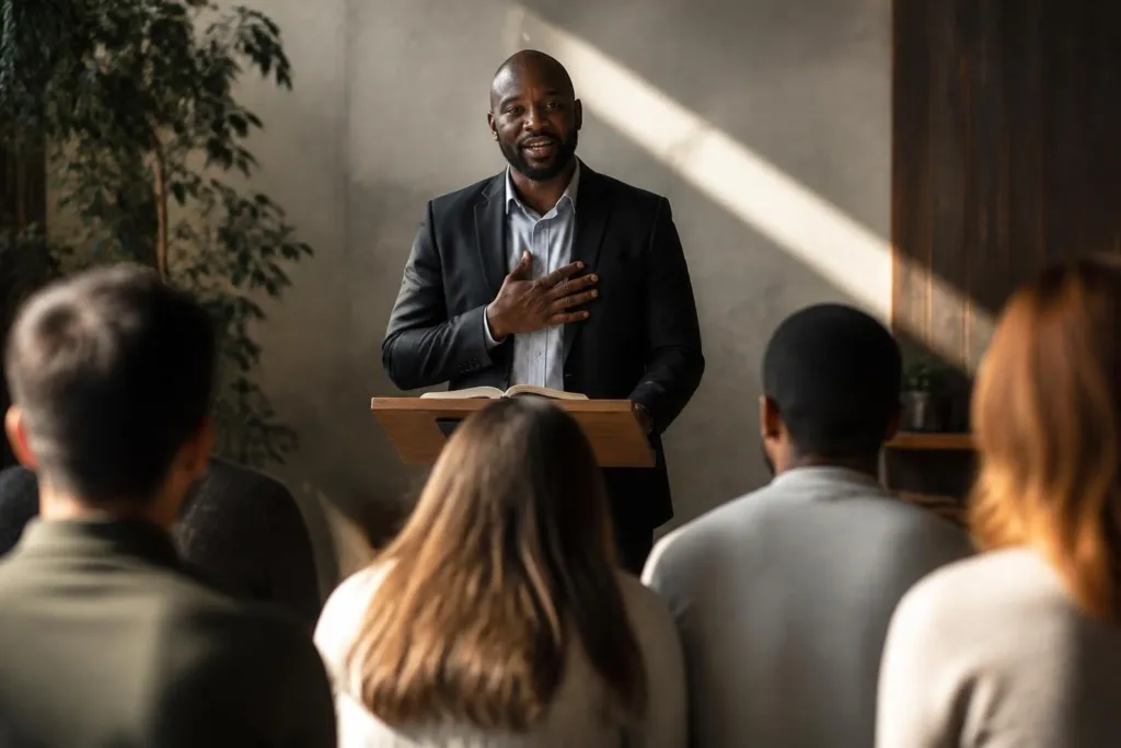 Man in a suit delivers a talk from a wooden lectern to an audience in a conference-like room
