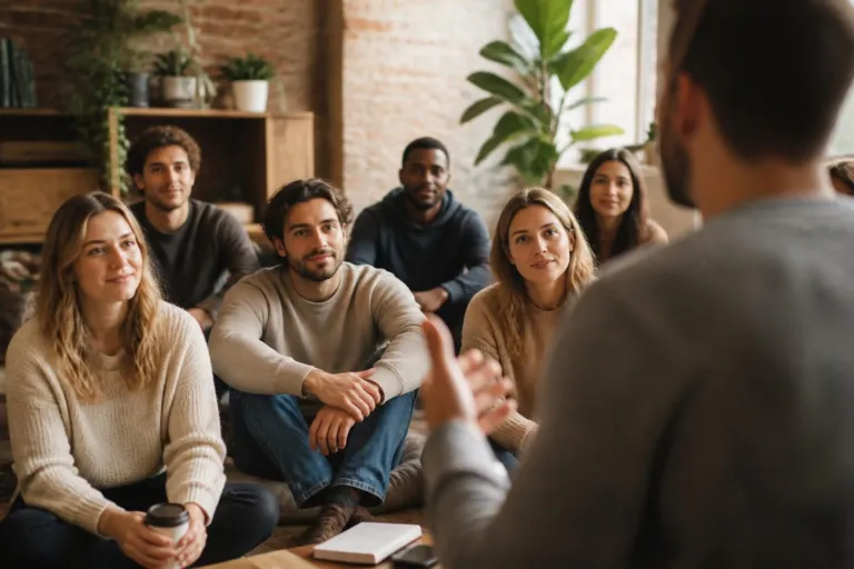 A group of diverse young adults sits on the floor, listening attentively to a speaker in a cozy room.