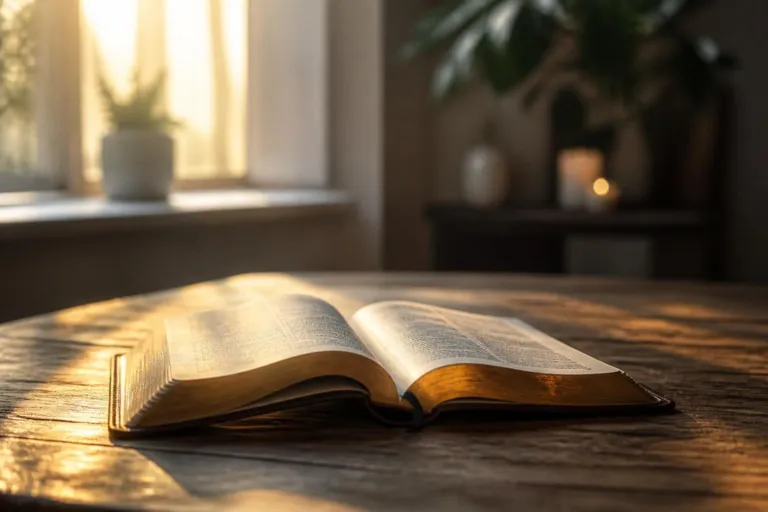 Predicas Cortas El Poder de Transformar Vidas en Minutos - Renuevo De Plenitud Open book on a sunlit wooden table with warm golden light streaming in.