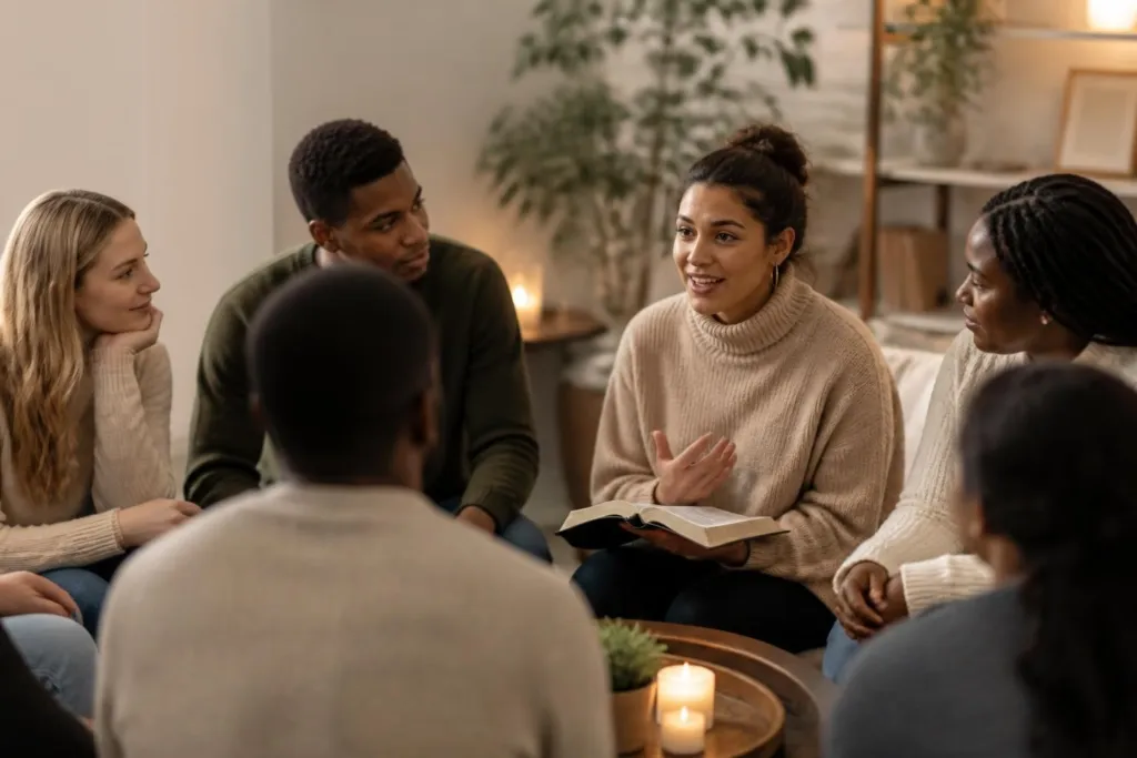 Diverse group sitting in a cozy living room circle; a woman reads aloud from an open book while others listen attentively.