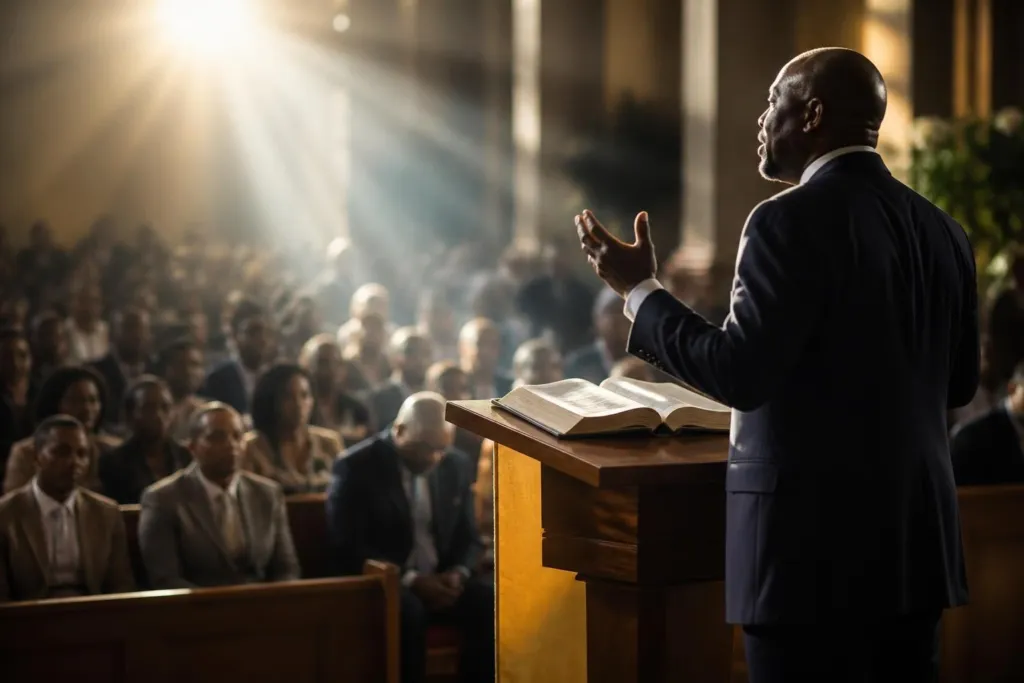 Man in a dark suit preaches from a wooden pulpit as a sunlit church audience listens attentively.