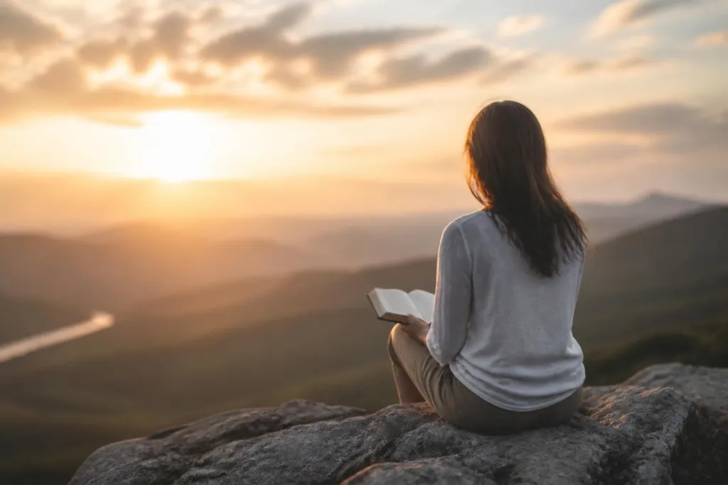Person sits on a rocky ledge reading a book as the sun sets over distant mountains and valleys.
