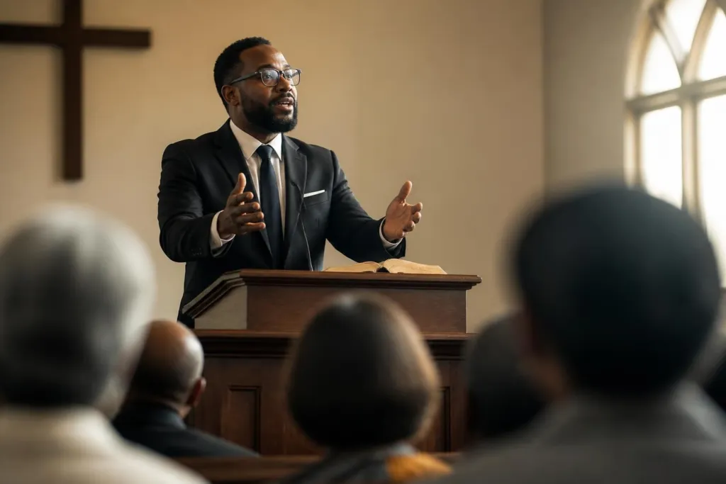 Man in a dark suit and glasses speaks from a wooden pulpit, gesturing with open hands during a sermon in a church. Insights: cross visible on wall behind him.