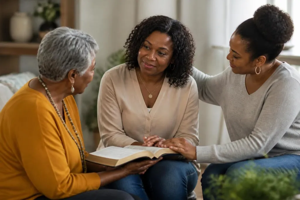 Three women of different ages sit together on a couch, sharing an open Bible and smiling as they talk.