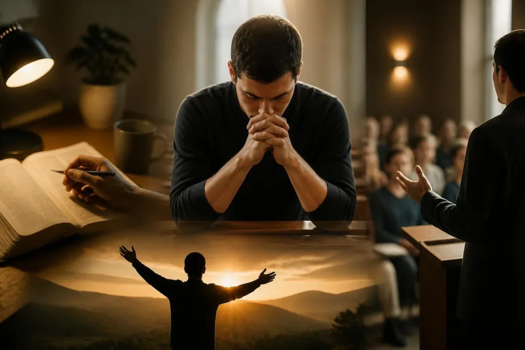 Man seated at a desk with hands clasped in prayer, an open Bible and pen nearby, warm studio lighting and a speaker addressing a congregation in the background, plus a silhouette raising arms at sunrise still imagery in the scene.