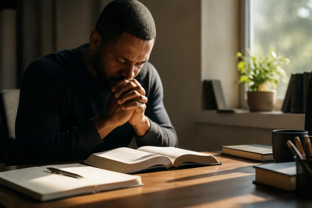 Man in a dark sweater sits at a wooden table, hands clasped in prayer over an open Bible amid notebooks and a coffee mug nearby.