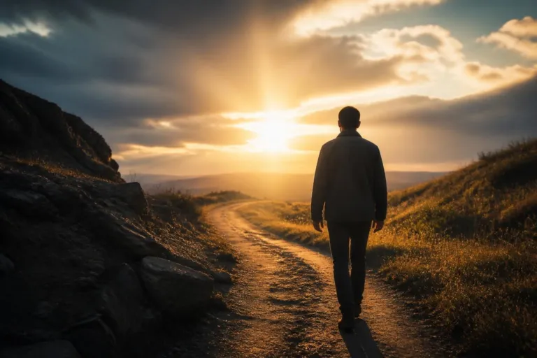 Man walks along a sunlit dirt path toward a golden sunset over rolling hills, rocky left edge visible.