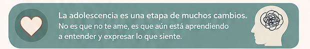 Teal banner with a heart icon on the left and a head/brain silhouette on the right, containing a Spanish message about adolescence being a time of change and learning to understand and express feelings.