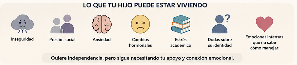 Infografía en español sobre emociones de adolescentes: inseguridad, presión social, ansiedad, cambios hormonales, estrés académico, dudas de identidad y emociones intensas que no sabe manejar.
