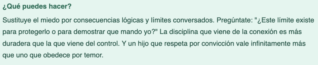 Panel in Spanish with heading '¿Qué puedes hacer?' and text about replacing fear with logical consequences and the lasting value of disciplined, trusting parenting.