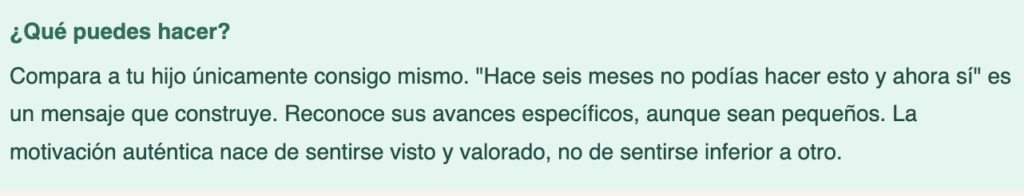 Banner con el título '¿Qué puedes hacer?' y un párrafo que sugiere comparar el progreso de tu hijo y reconocer su motivación.