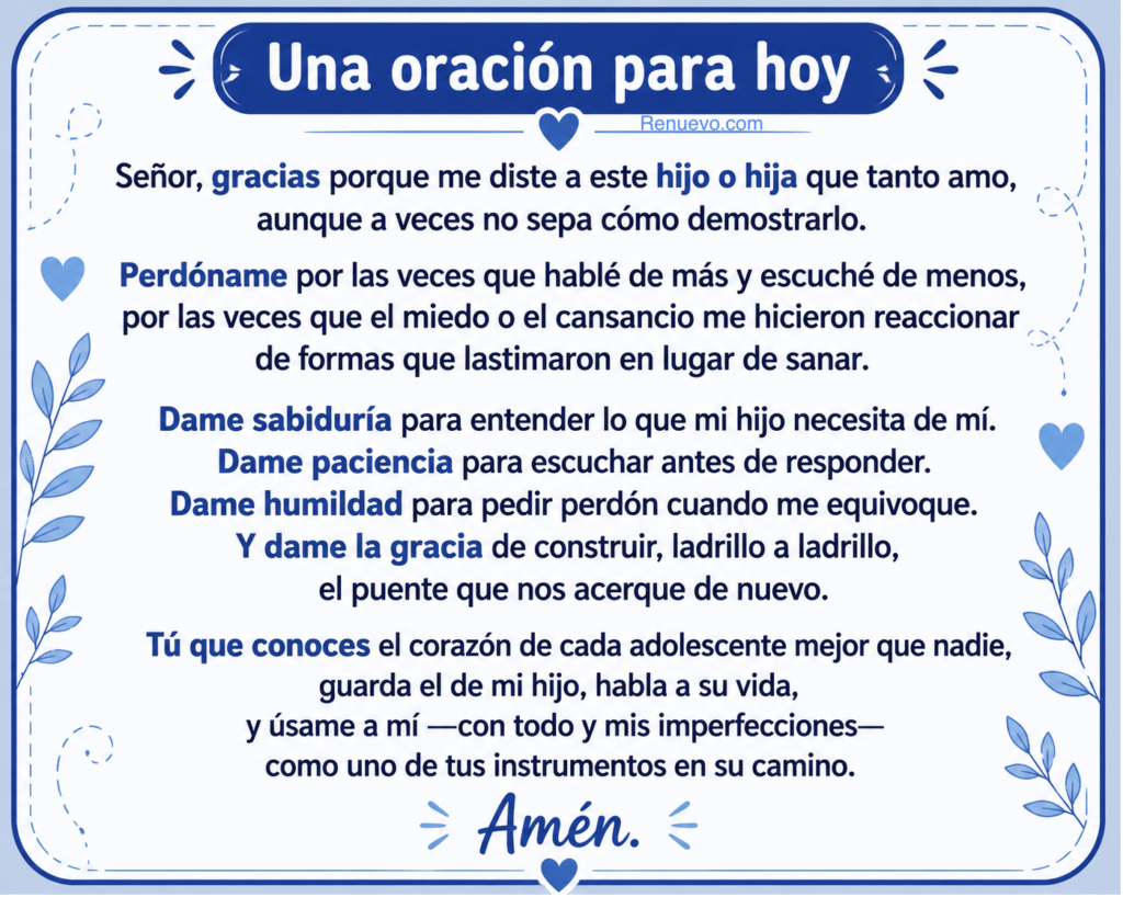 Blue-toned devotional poster titled 'Una oración para hoy' containing a Spanish prayer about gratitude, forgiveness, wisdom, patience, and guidance for raising a child, with decorative hearts and leaves.