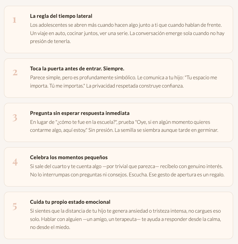 Screenshot 2026-05-14 at 122853 PM - Renuevo De Plenitud Infografía vertical con cinco consejos para padres: 1 La regla del tiempo lateral, 2 Toca la puerta antes de entrar. Siempre, 3 Pregunta sin esperar respuesta inmediata, 4 Celebra los momentos pequeños, 5 Cuida tu propio estado emocional.