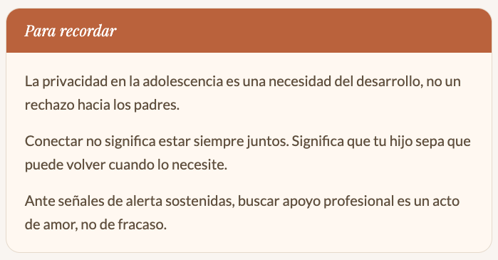 Screenshot 2026-05-14 at 122934 PM - Renuevo De Plenitud Card titled Para recordar: consejos sobre la privacidad en la adolescencia como necesidad de desarrollo; conectar no es estar siempre juntos, sino que el hijo sepa que puede volver. Ante alertas sostenidas, buscar apoyo profesional es un acto de amor.
