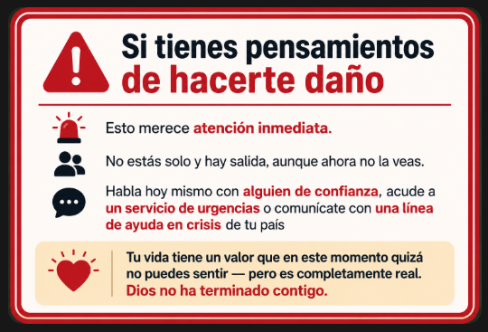 Spanish safety poster: 'Si tienes pensamientos de hacerte daño' with warning icons and crisis guidance; seek immediate attention, you are not alone, talk to a trusted person or go to emergency or call a helpline; a yellow box affirms your life has value and that God has not finished with you.