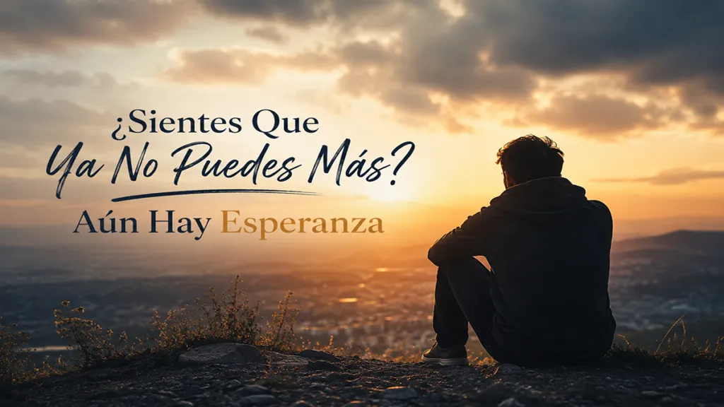 Person sitting on a rocky hill at sunset, gazing toward a distant city with a hopeful Spanish message: '¿Sientes que ya no puedes más? Aún hay esperanza'.