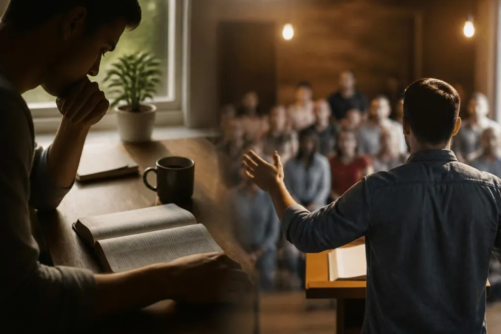 Speaker at a wooden lectern addresses a seated audience, with an open Bible and mug on the desk.