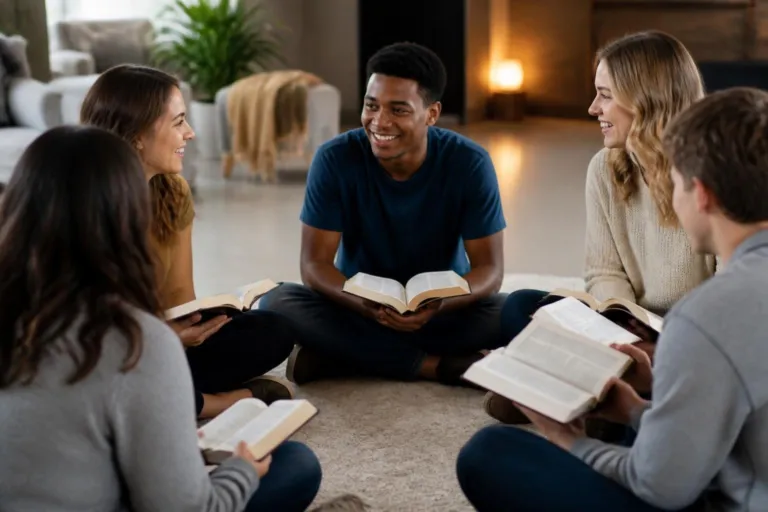 Temas Para Jóvenes Cristianos Guía Completa y Práctica - Renuevo De Plenitud Five friends sit in a circle on a living room rug, each with an open book, smiling and chatting together.