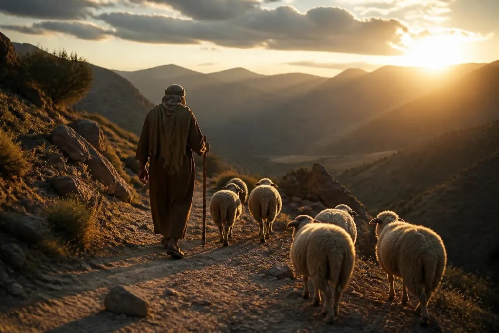 A shepherd in a cloak walks with a flock of sheep along a rocky mountain trail at sunset.