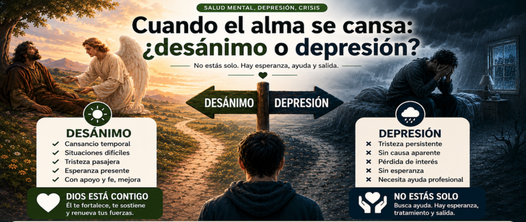 Infografía en español sobre salud mental: comparación entre desánimo y depresión, con mensajes de apoyo y recursos de ayuda.