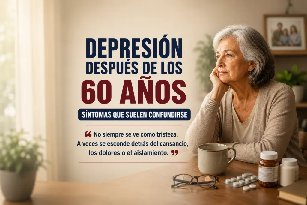 Older woman sits at a table with pill bottles and a mug, looking thoughtful as a Spanish poster discusses depression after age 60 preventive tips.