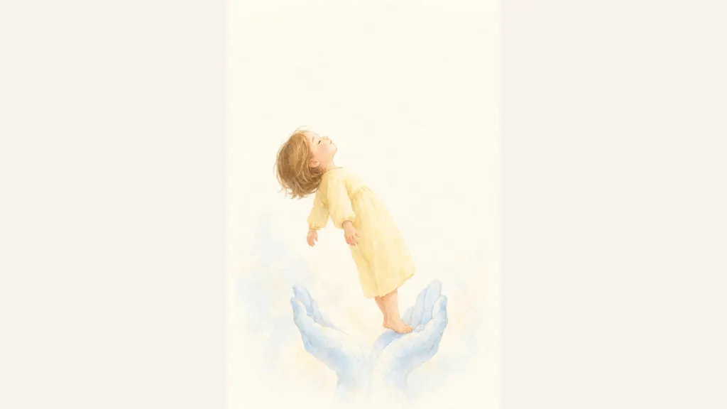 Young child in a yellow dress stands on large blue hands, looking upward in a whimsical illustration.