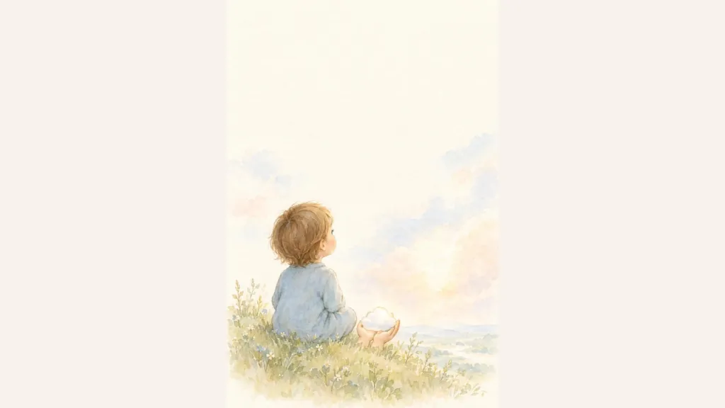 Watercolor illustration of a child in blue sitting among wildflowers, gazing at a pale pastel sky with soft clouds.