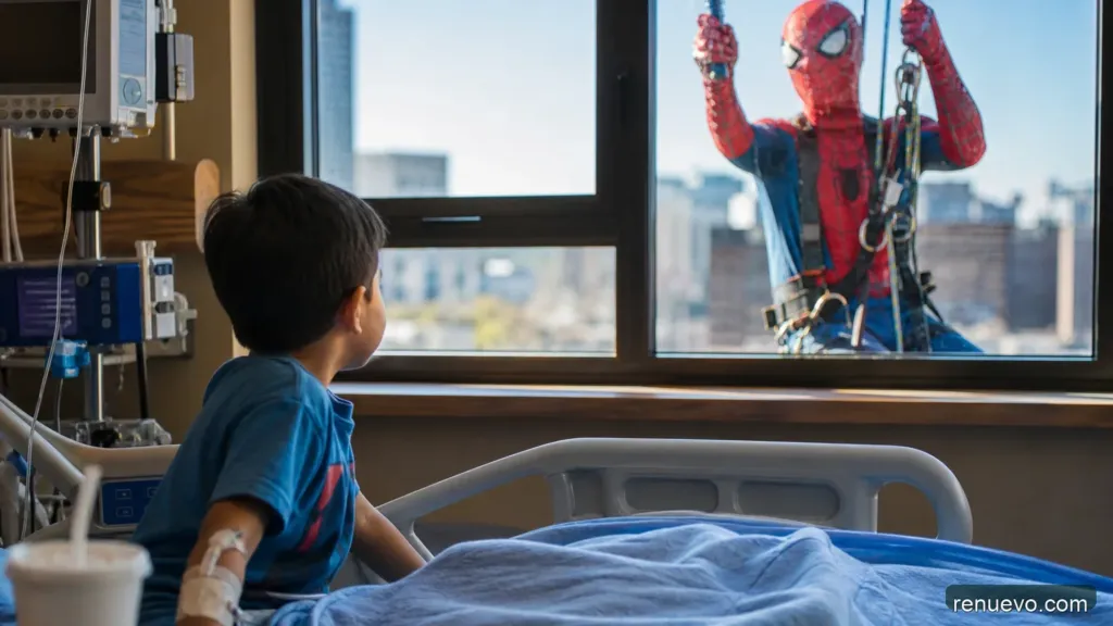 Ellos se vistieron como superhéroes para limpiar las ventanas de este hospital de niños