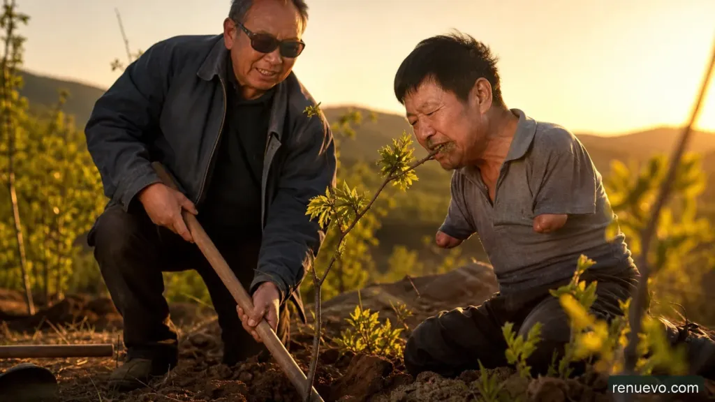 Este hombre sin brazos y su mejor amigo ciego han plantado más de 10 mil árboles en China