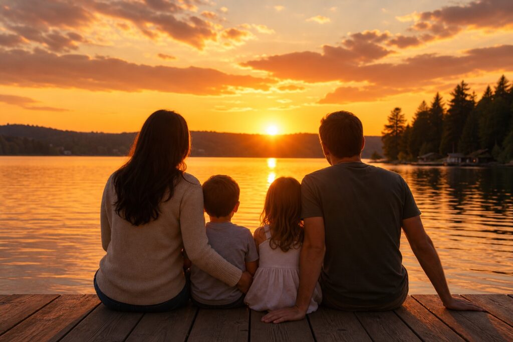 Una familia sentada junta frente a un lago al atardecer