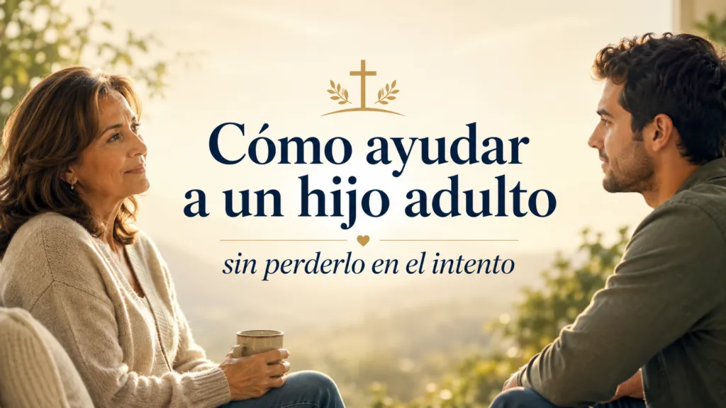 Conversation between a woman and a man outdoors, with Spanish title: 'Cómo ayudar a un hijo adulto sin perderlo en el intento' - guidance on parenting adult children.