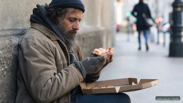 Le dieron una pizza a un hombre sin hogar. Lo que hace con ella lo diferencia del resto de la gente de una forma increíble
