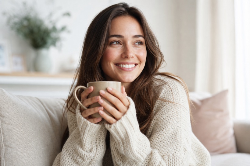 Una mujer sonriente leyendo con una taza de cafe