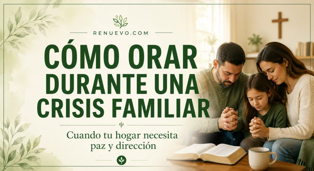 Familia reunida en oración con la Biblia abierta, encabezado del artículo: Cómo orar durante una crisis familiar (en español).