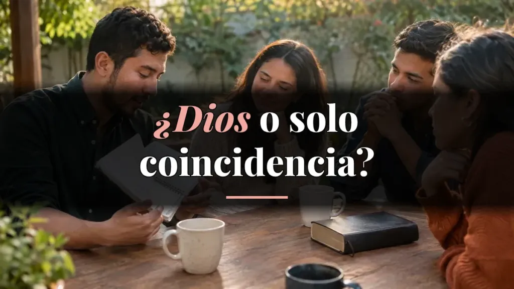 Four people sit around a wooden table outdoors, reading or discussing, with the Spanish title '¿Dios o solo coincidencia?' overlaid on the image.