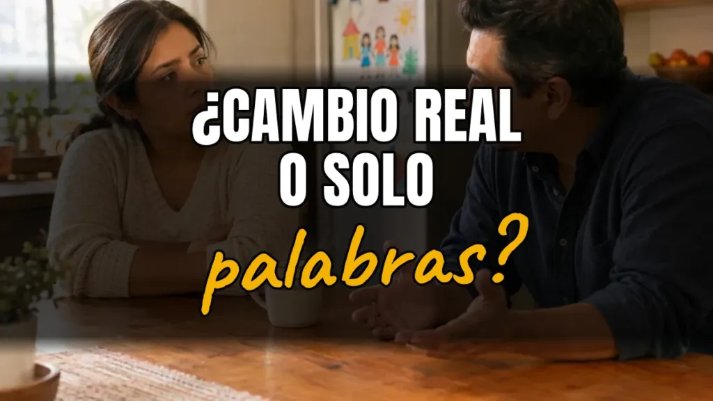 Two people talk at a kitchen table; overlay text reads '¿Cambio real o solo palabras?'