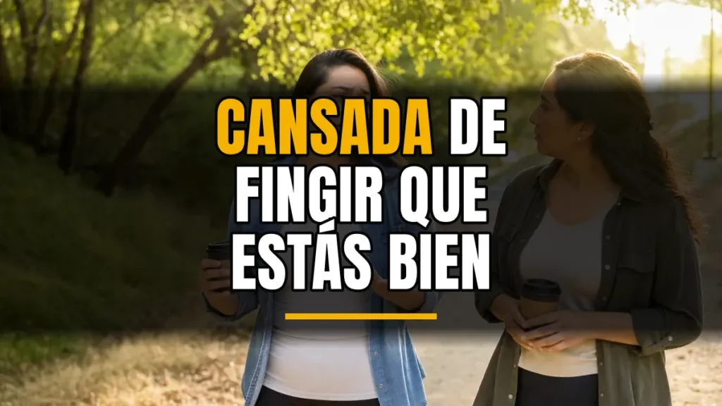 Two women talk in a sunlit park with bold Spanish text across the center: 'Cansada de fingir que estás bien'.