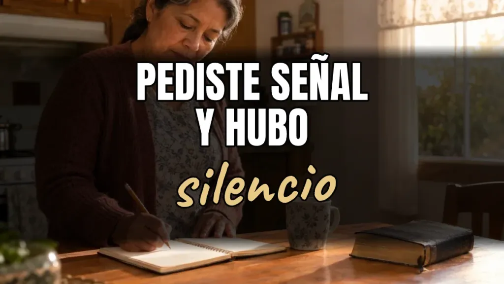 Older woman writes in a notebook at a sunlit kitchen table; a mug and a book sit nearby, with the caption: 'Pediste señal y hubo silencio'.
