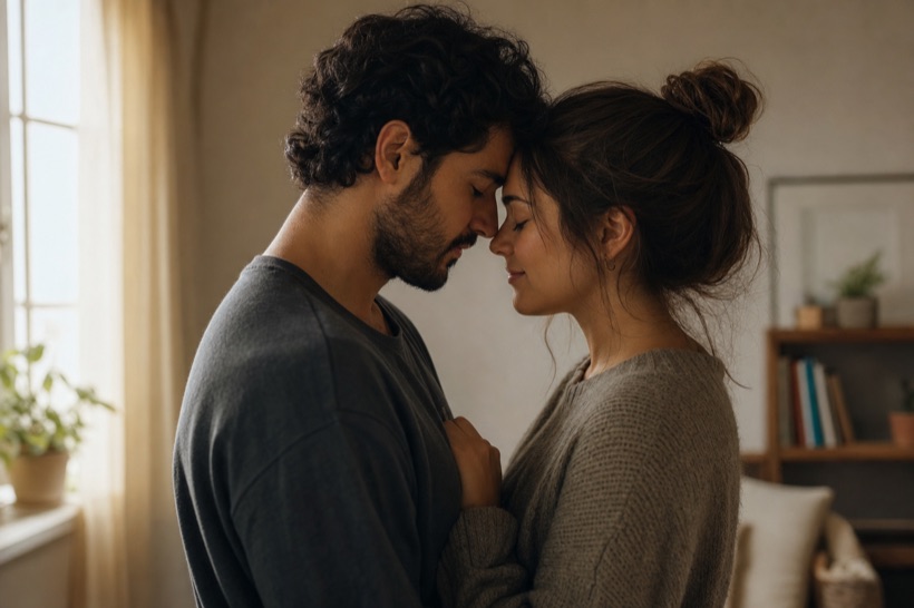 Una pareja con las frentes unidas en un momento de reconciliacion