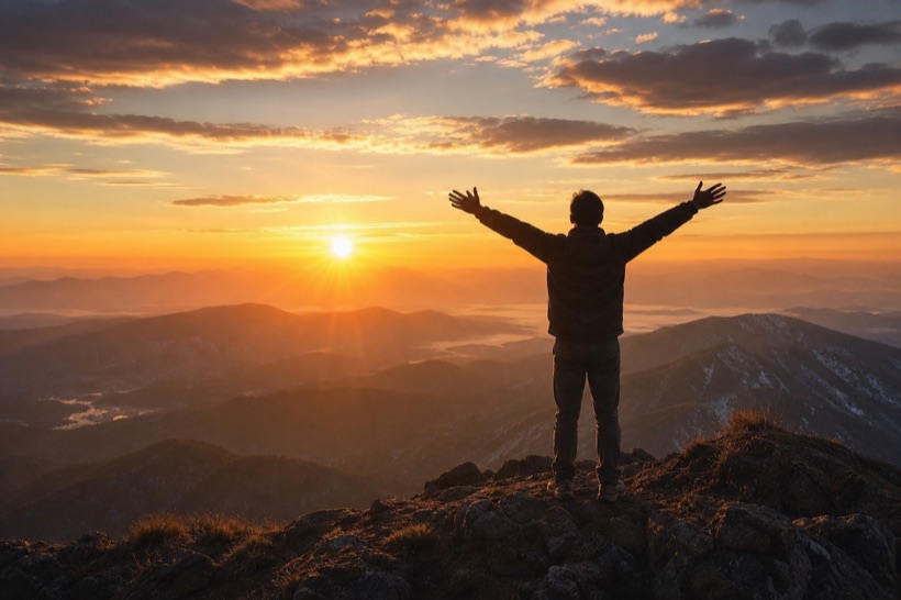 Una persona con los brazos levantados al amanecer en la montana