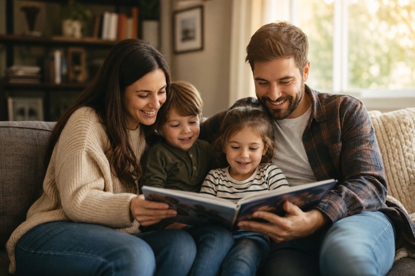 Una familia leyendo un libro juntos en el sofa