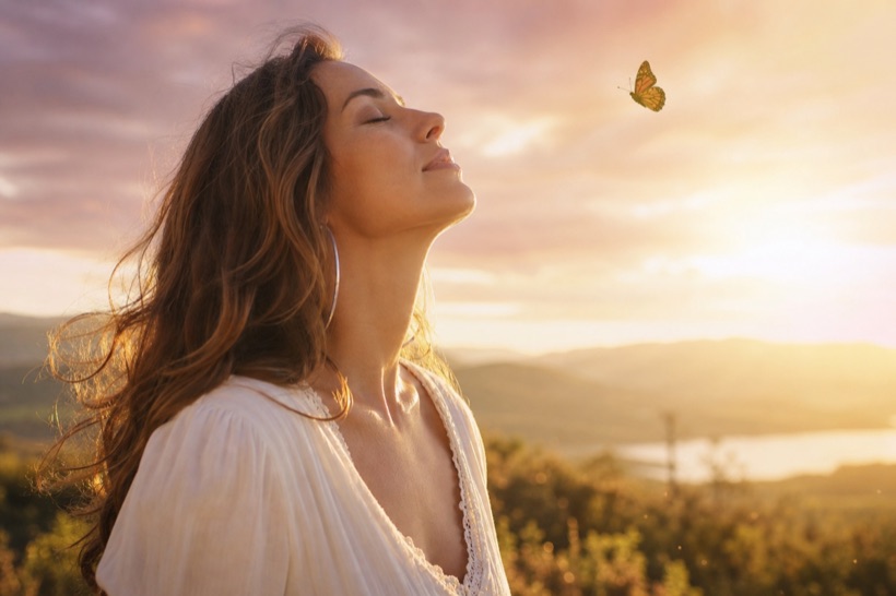 Una mujer mirando al cielo con una mariposa al atardecer