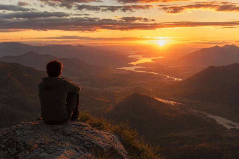 Una persona contemplando el valle desde la montana al atardecer